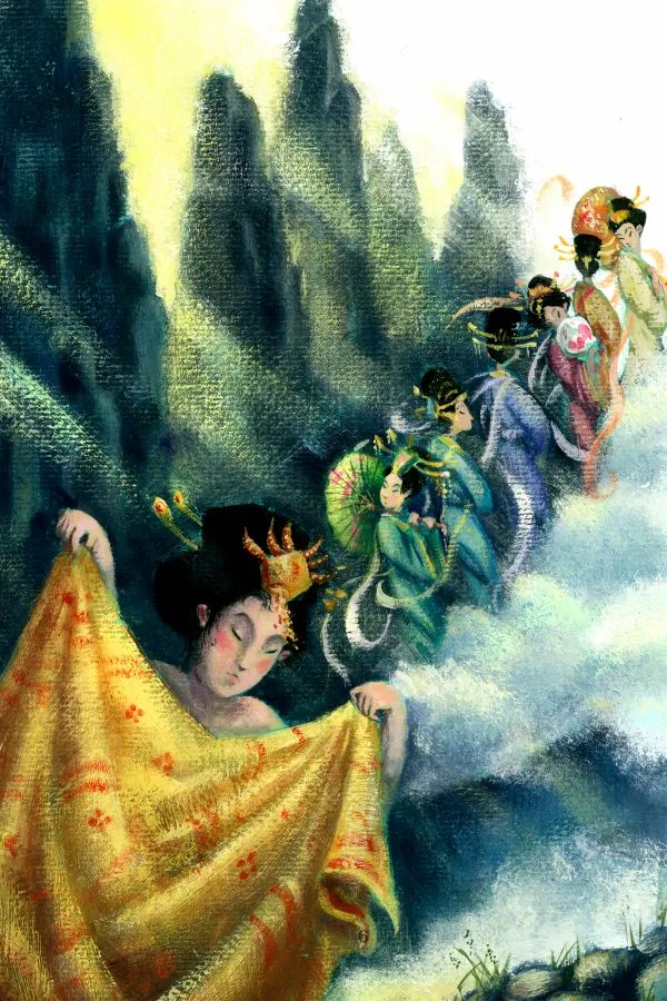A celestial procession of robed figures descending through clouds and green mountains, led by a woman holding a golden cloth