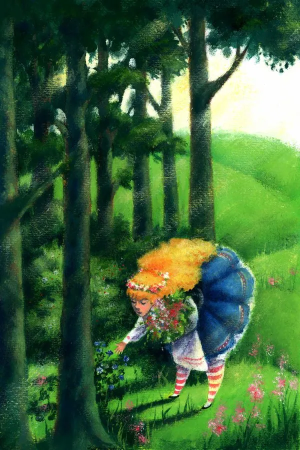 A golden-haired girl in a blue dress gathering flowers at the edge of a sunlit forest