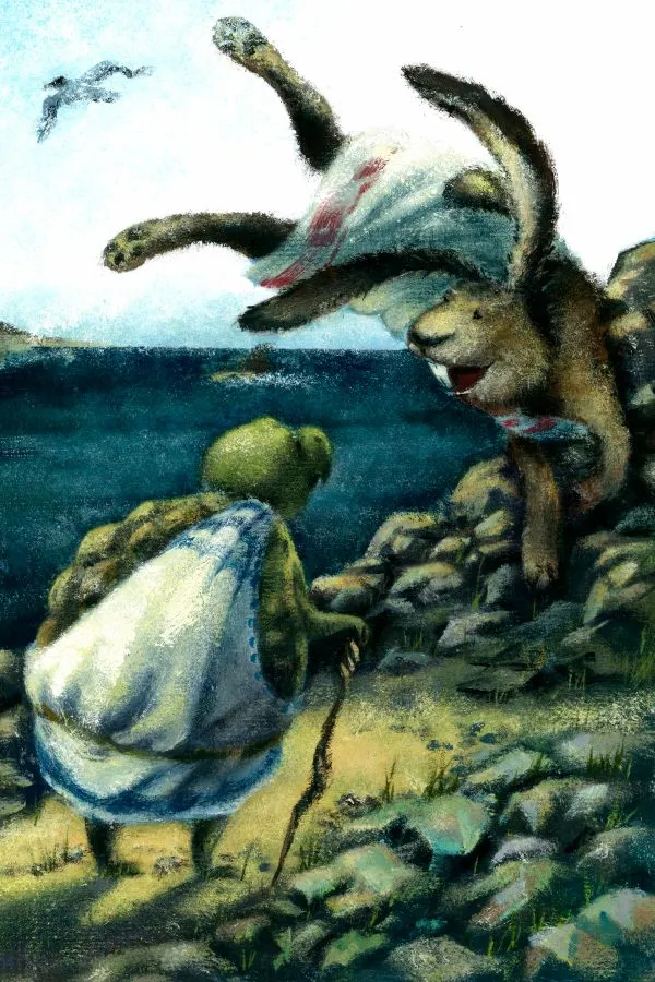 A tortoise with a walking stick facing a leaping hare on a rocky seaside trail